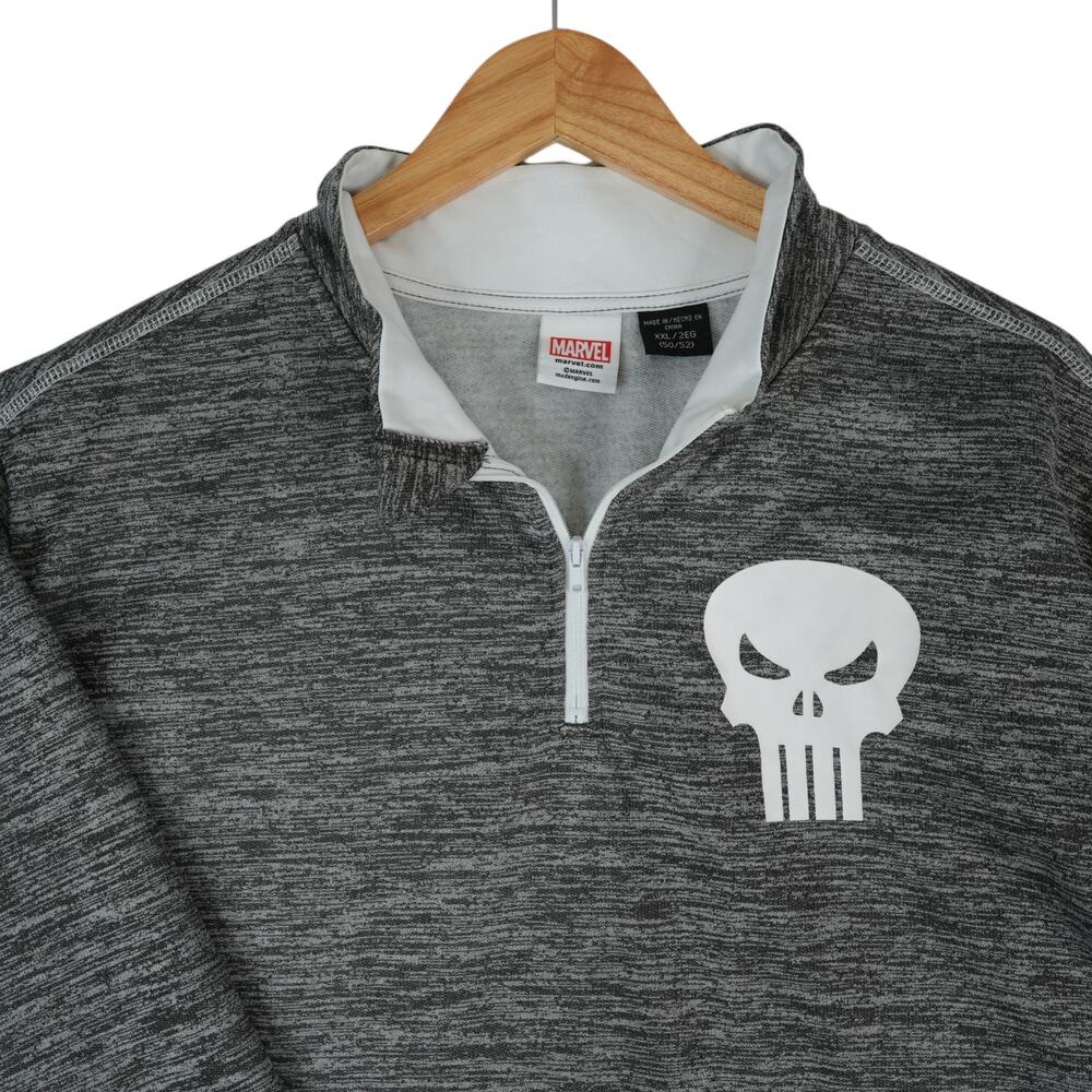 Marvel The Punisher Sweatshirt Mens XXL Gray White Quarter Zip‎ Skull Graphic